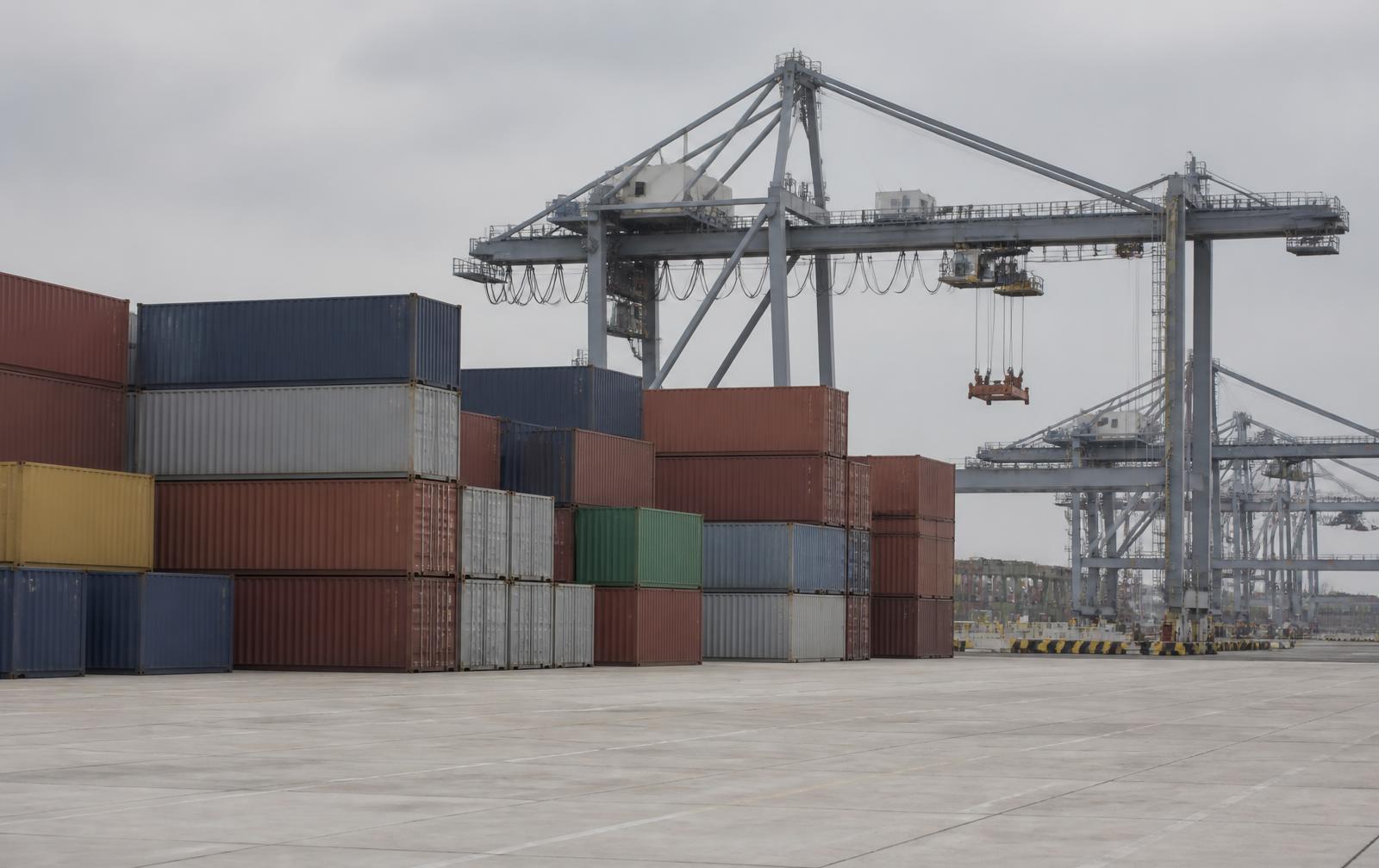 Port terminal with stacked containers and gantry cranes under neutral daylight