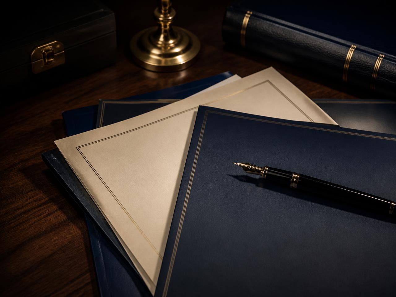 Bound loan documentation and a fountain pen on a dark desk