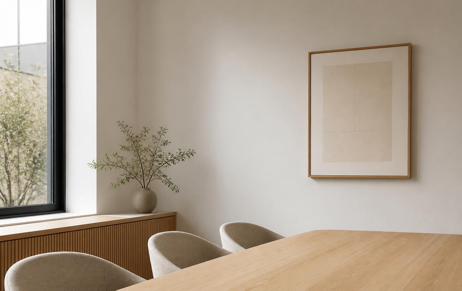 Pale oak meeting table beside a tall window in a quiet interior